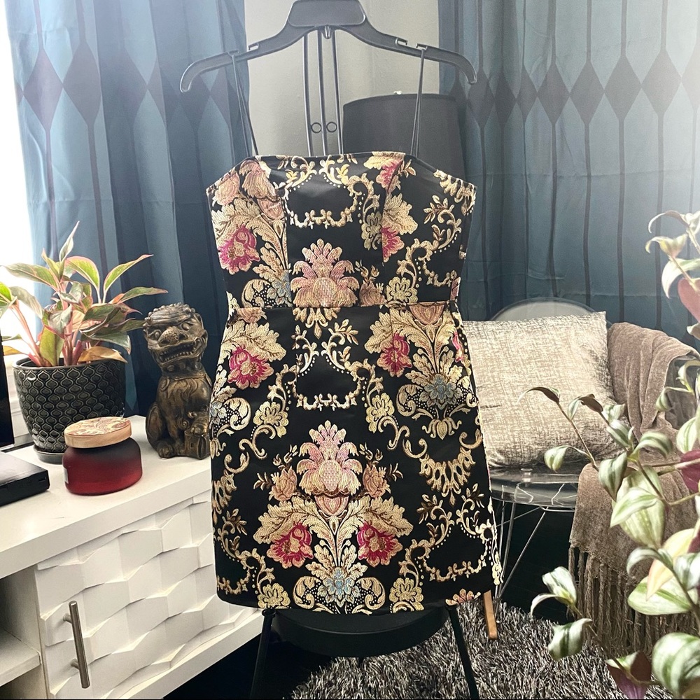 SHEIN Black & Gold Floral Damask Jacquard Brocade Victorian Mini Cocktail Dress - Picture 1 of 5